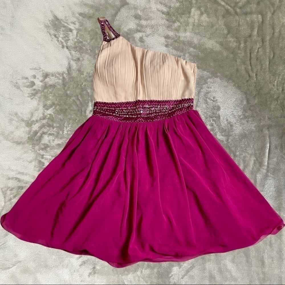 Katia One Shoulder Fit & Flare Dress Magenta Cream Beaded Waist Size Large